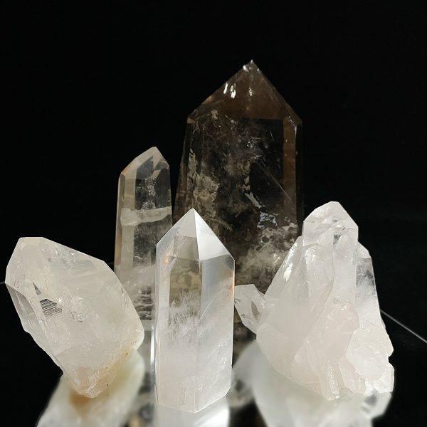 A groups of clear and smoky quartz crystals